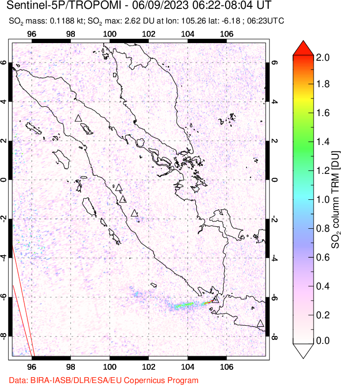 A sulfur dioxide image over Sumatra, Indonesia on Jun 09, 2023.