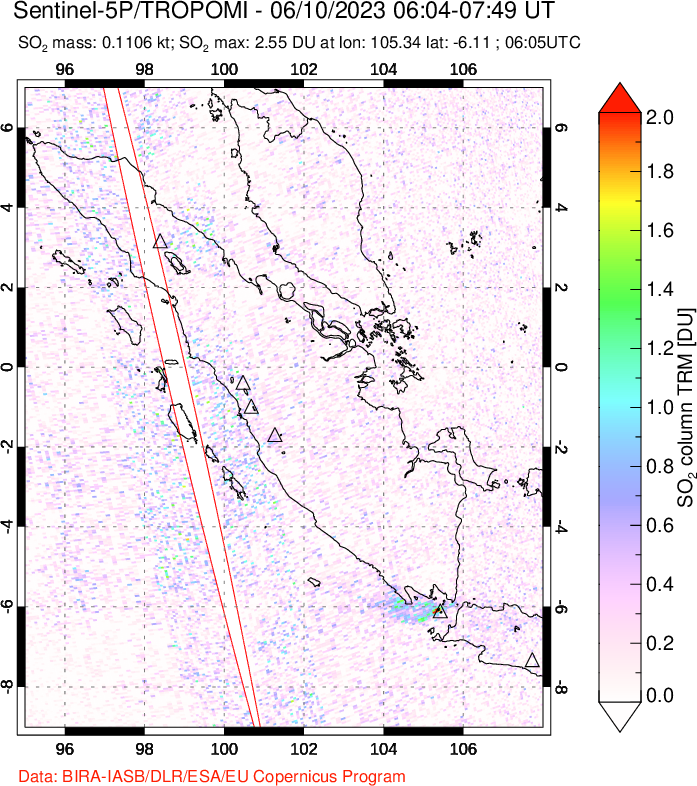 A sulfur dioxide image over Sumatra, Indonesia on Jun 10, 2023.
