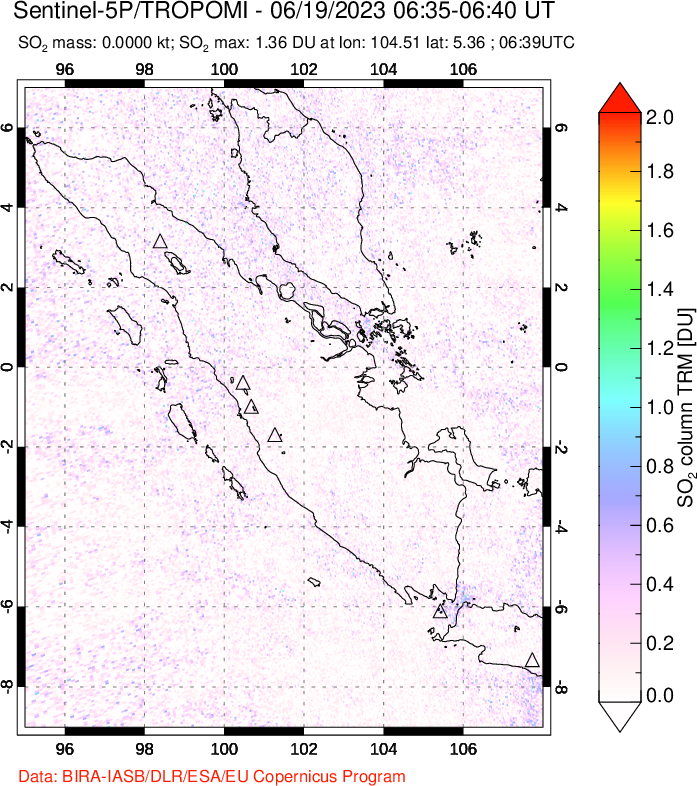A sulfur dioxide image over Sumatra, Indonesia on Jun 19, 2023.