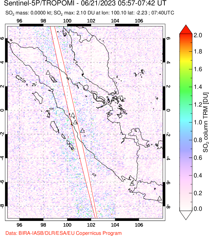 A sulfur dioxide image over Sumatra, Indonesia on Jun 21, 2023.