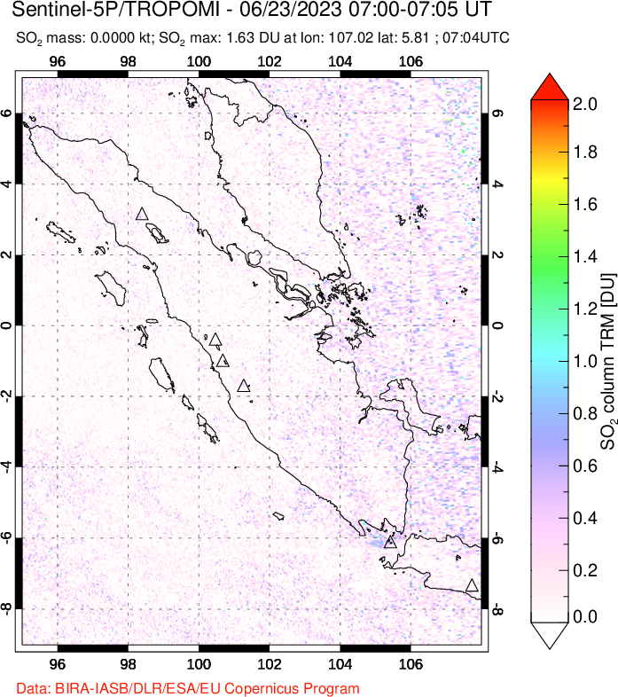 A sulfur dioxide image over Sumatra, Indonesia on Jun 23, 2023.