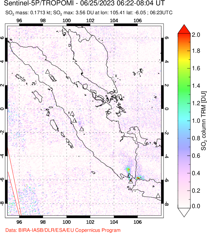 A sulfur dioxide image over Sumatra, Indonesia on Jun 25, 2023.