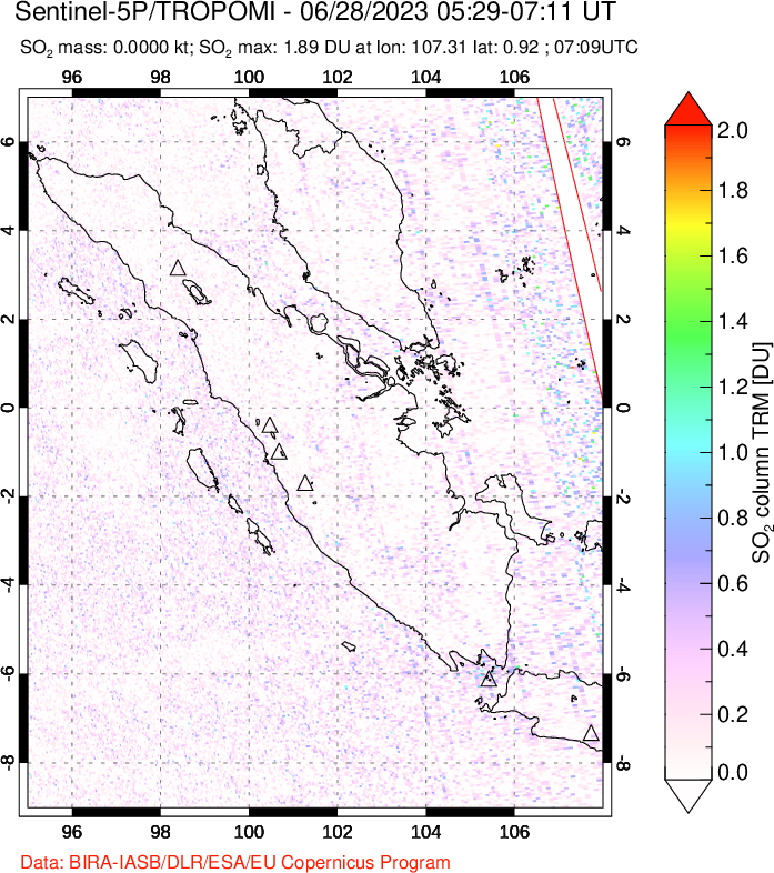 A sulfur dioxide image over Sumatra, Indonesia on Jun 28, 2023.