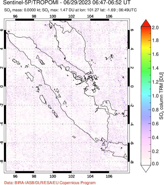 A sulfur dioxide image over Sumatra, Indonesia on Jun 29, 2023.