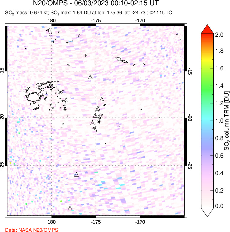 A sulfur dioxide image over Tonga, South Pacific on Jun 03, 2023.