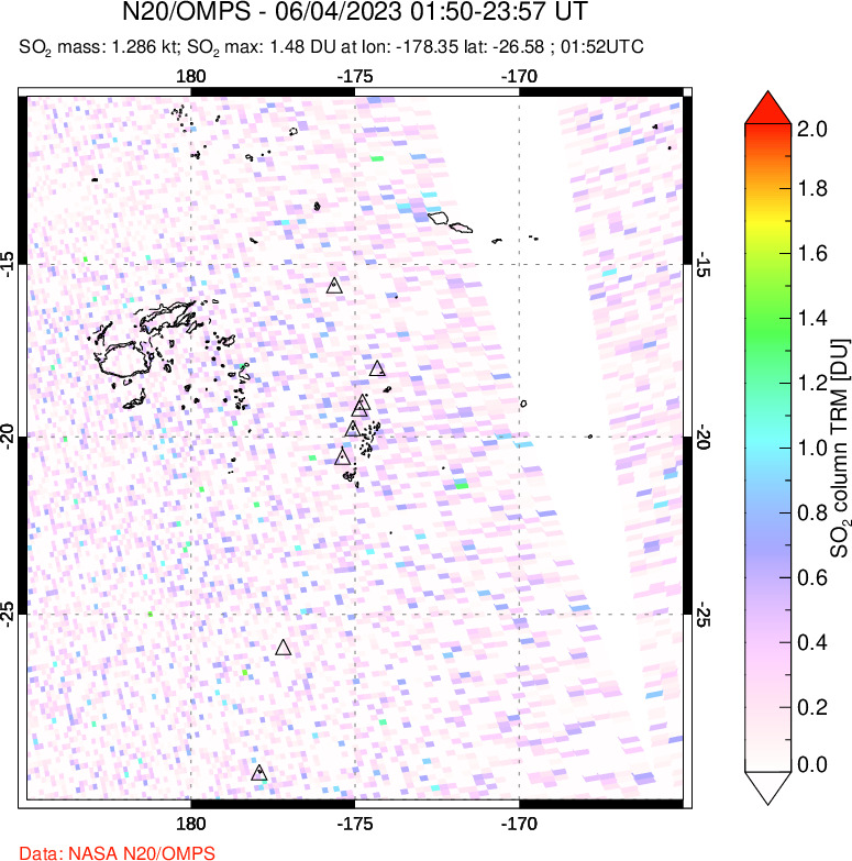 A sulfur dioxide image over Tonga, South Pacific on Jun 04, 2023.