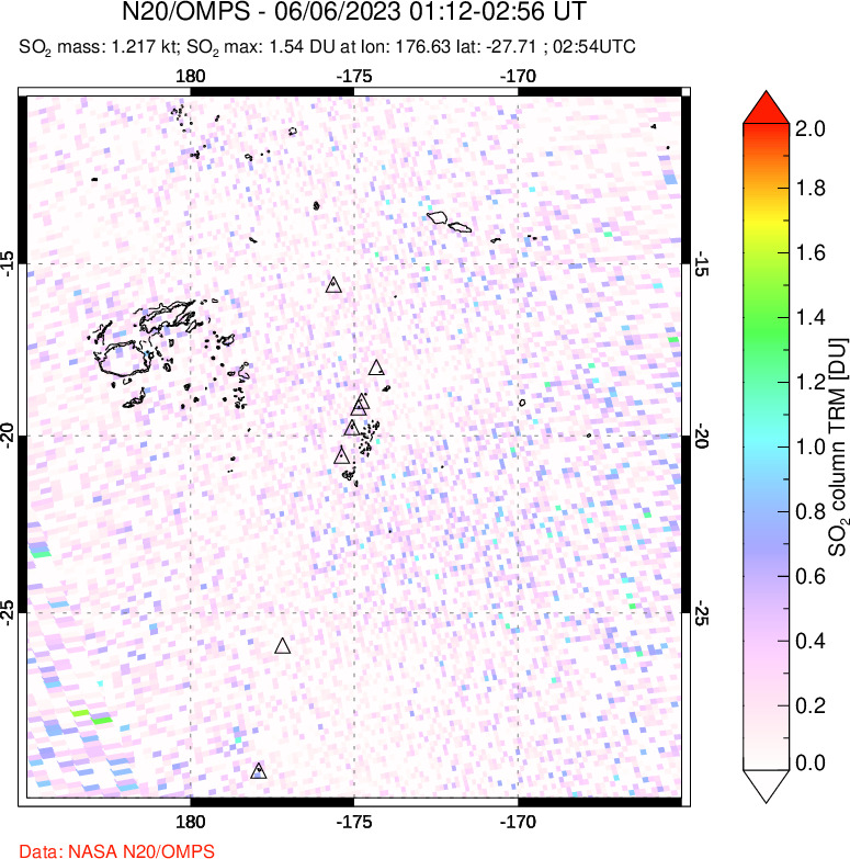 A sulfur dioxide image over Tonga, South Pacific on Jun 06, 2023.