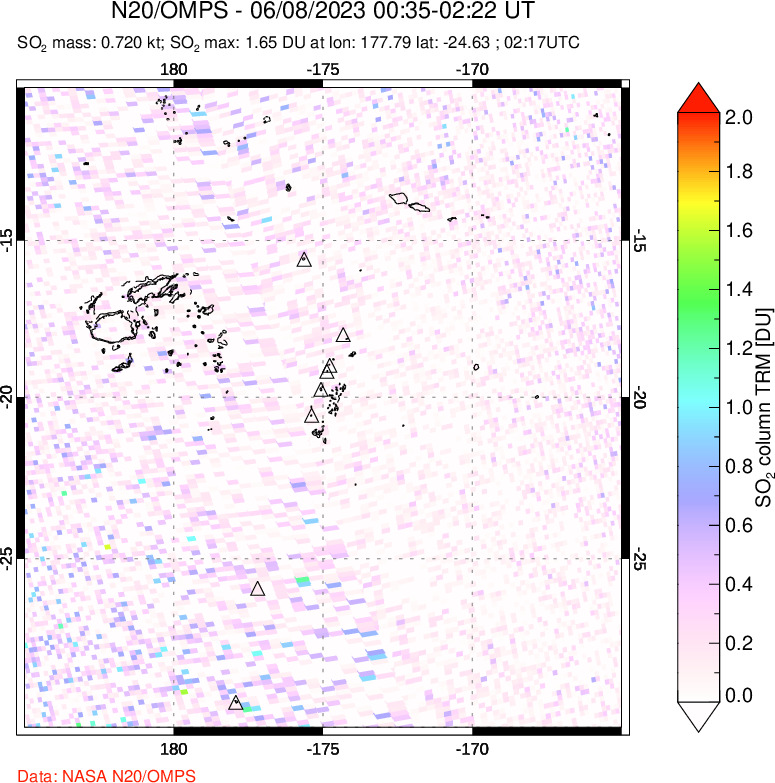 A sulfur dioxide image over Tonga, South Pacific on Jun 08, 2023.