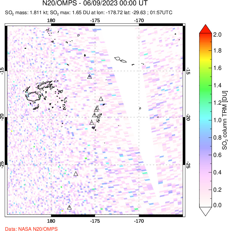 A sulfur dioxide image over Tonga, South Pacific on Jun 09, 2023.