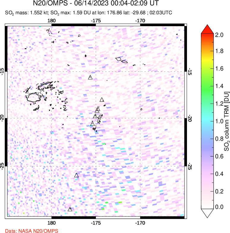 A sulfur dioxide image over Tonga, South Pacific on Jun 14, 2023.