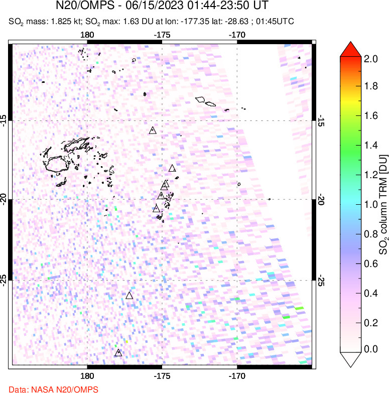 A sulfur dioxide image over Tonga, South Pacific on Jun 15, 2023.