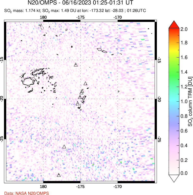 A sulfur dioxide image over Tonga, South Pacific on Jun 16, 2023.