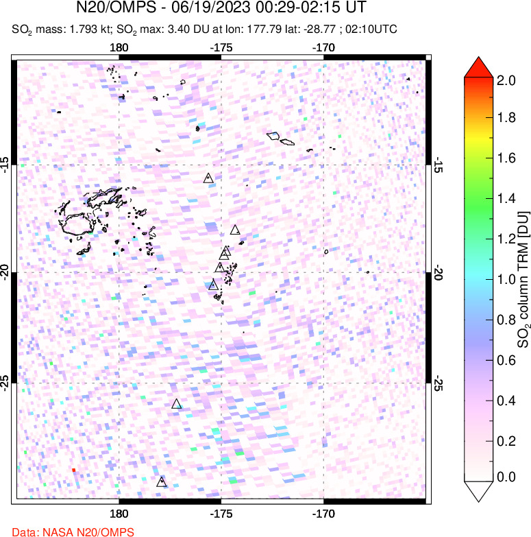 A sulfur dioxide image over Tonga, South Pacific on Jun 19, 2023.