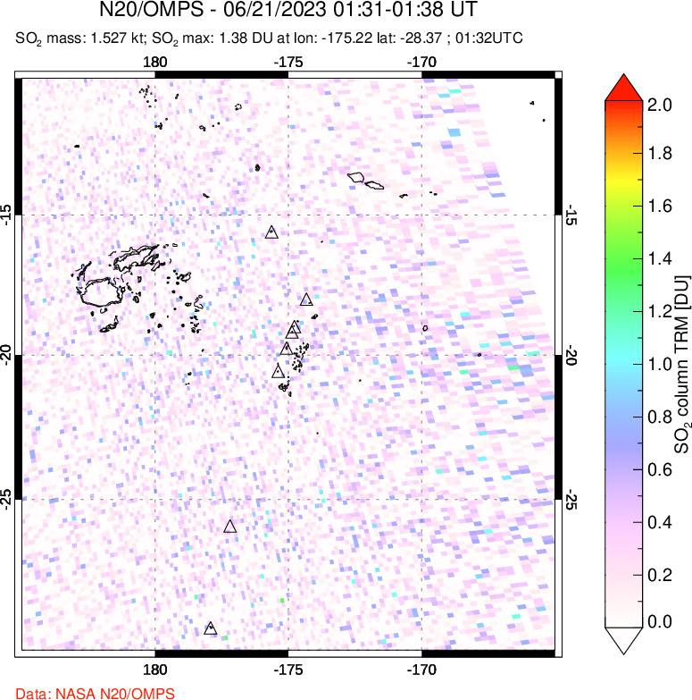 A sulfur dioxide image over Tonga, South Pacific on Jun 21, 2023.