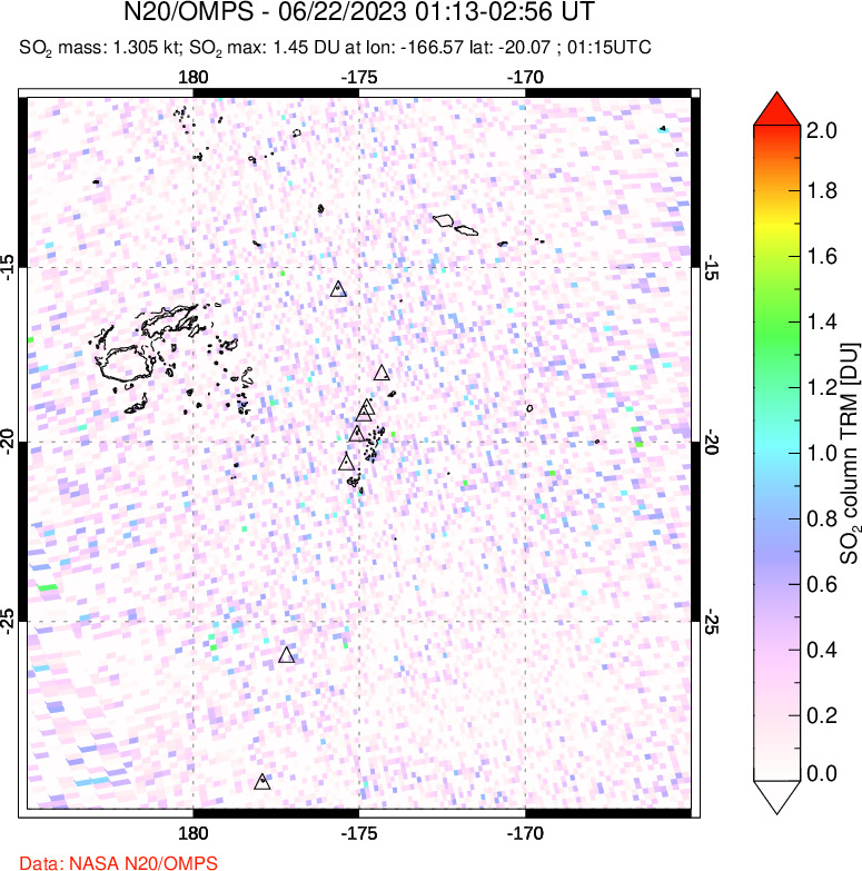 A sulfur dioxide image over Tonga, South Pacific on Jun 22, 2023.