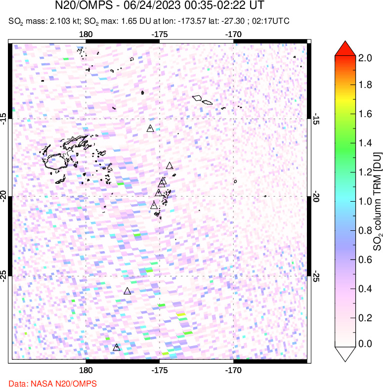 A sulfur dioxide image over Tonga, South Pacific on Jun 24, 2023.