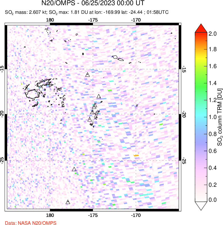 A sulfur dioxide image over Tonga, South Pacific on Jun 25, 2023.