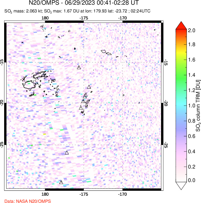 A sulfur dioxide image over Tonga, South Pacific on Jun 29, 2023.