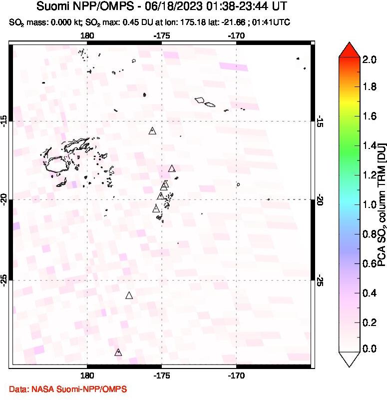 A sulfur dioxide image over Tonga, South Pacific on Jun 18, 2023.