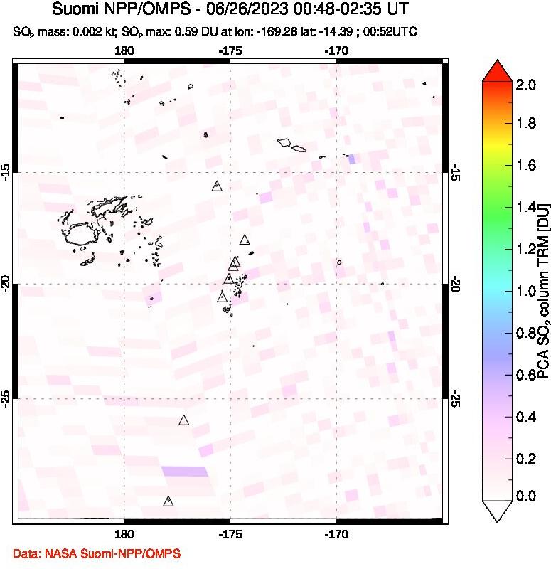 A sulfur dioxide image over Tonga, South Pacific on Jun 26, 2023.