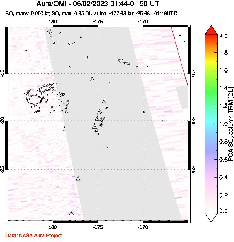 A sulfur dioxide image over Tonga, South Pacific on Jun 02, 2023.