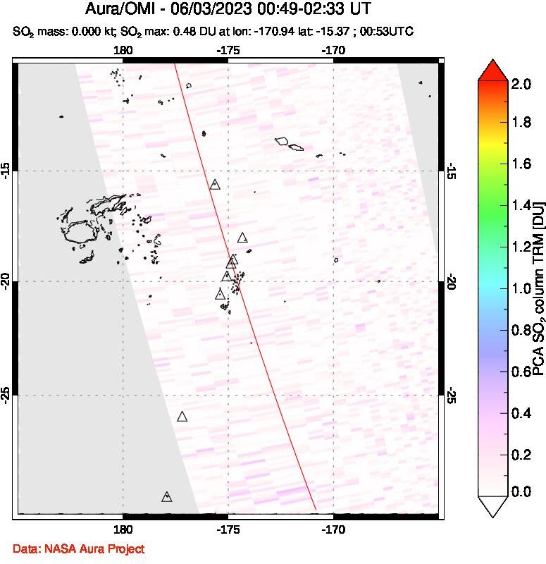 A sulfur dioxide image over Tonga, South Pacific on Jun 03, 2023.
