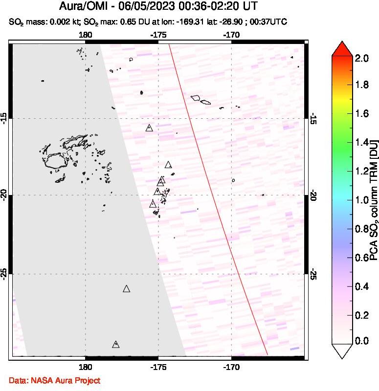 A sulfur dioxide image over Tonga, South Pacific on Jun 05, 2023.