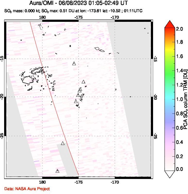 A sulfur dioxide image over Tonga, South Pacific on Jun 08, 2023.