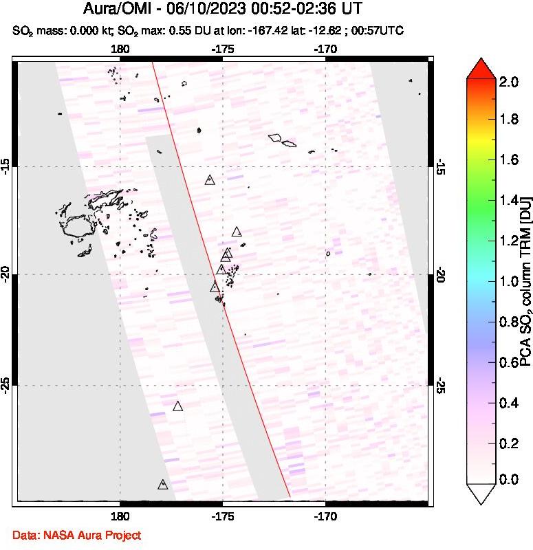 A sulfur dioxide image over Tonga, South Pacific on Jun 10, 2023.