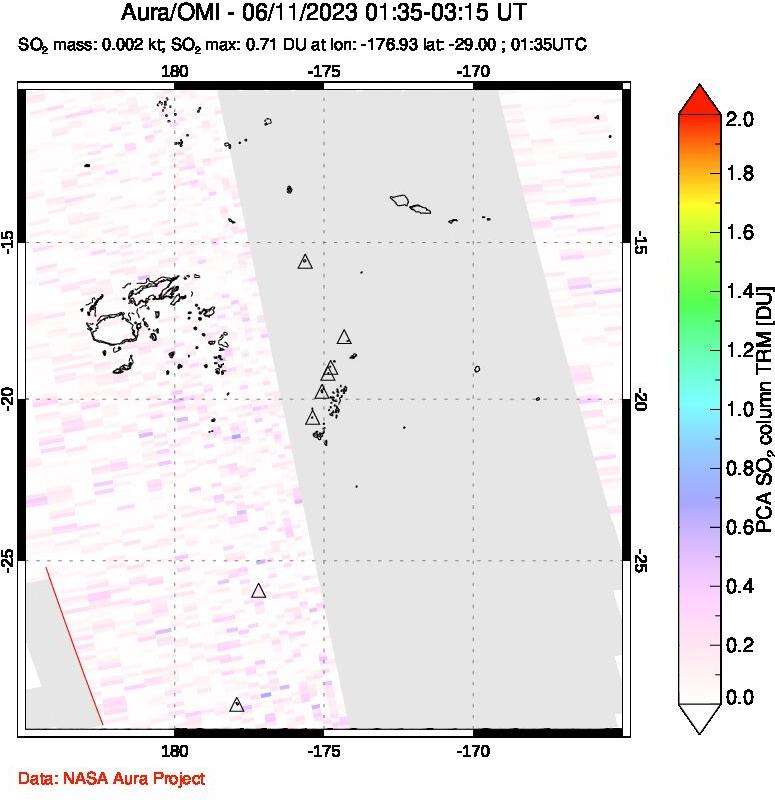 A sulfur dioxide image over Tonga, South Pacific on Jun 11, 2023.