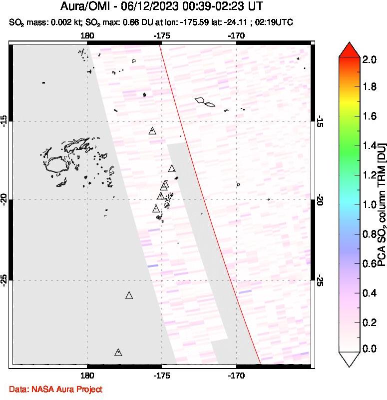 A sulfur dioxide image over Tonga, South Pacific on Jun 12, 2023.