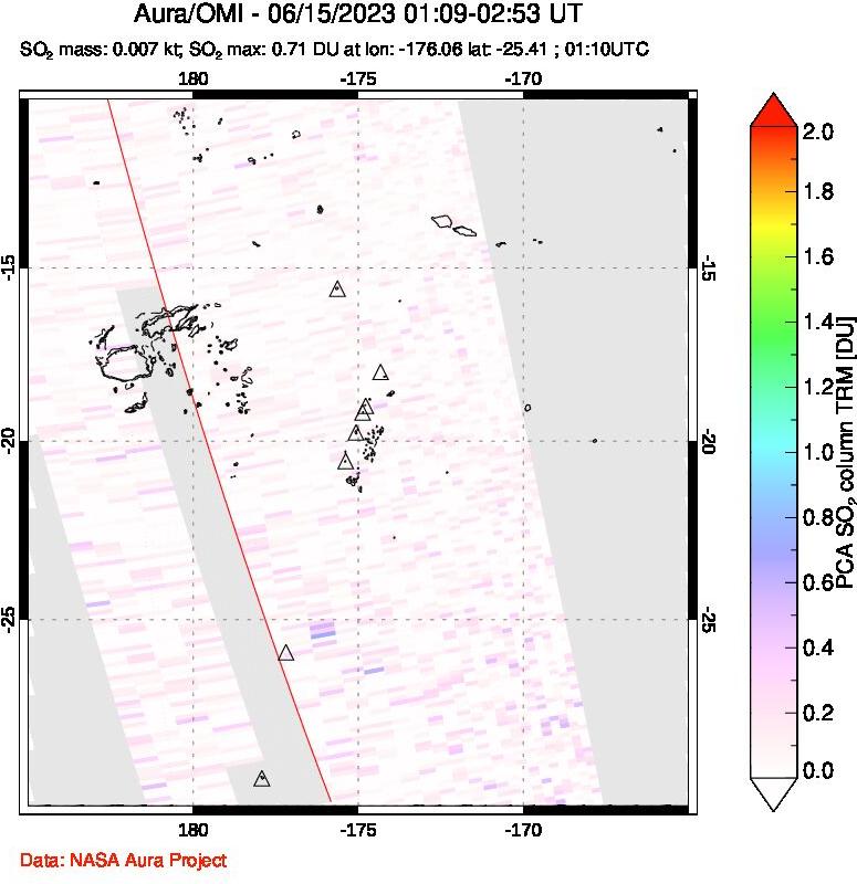 A sulfur dioxide image over Tonga, South Pacific on Jun 15, 2023.