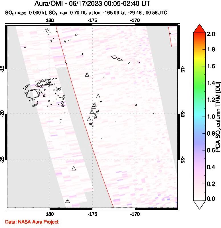 A sulfur dioxide image over Tonga, South Pacific on Jun 17, 2023.
