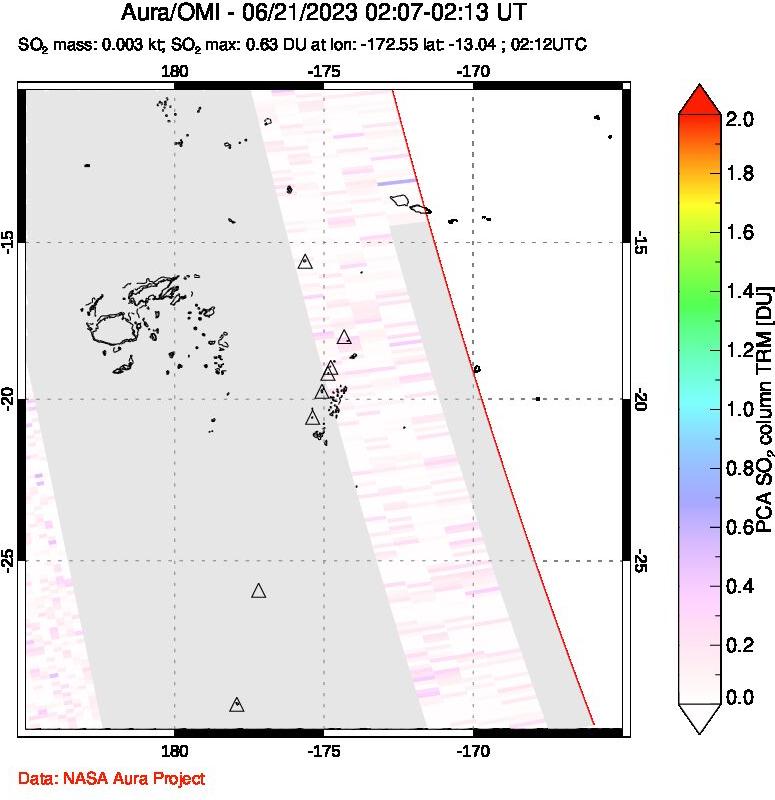 A sulfur dioxide image over Tonga, South Pacific on Jun 21, 2023.