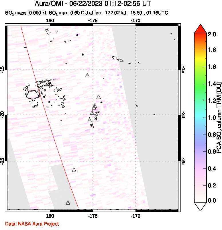 A sulfur dioxide image over Tonga, South Pacific on Jun 22, 2023.