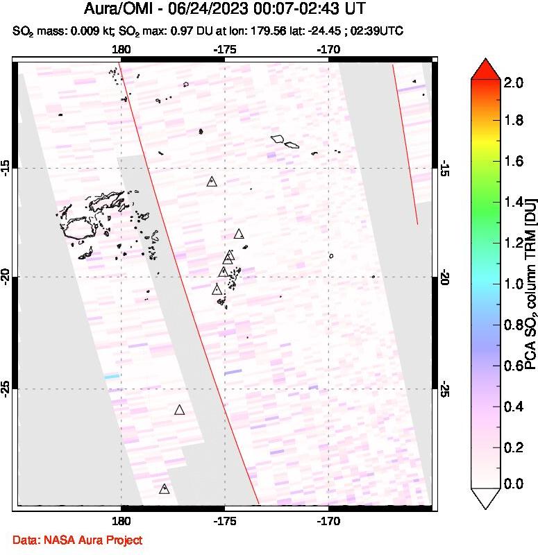 A sulfur dioxide image over Tonga, South Pacific on Jun 24, 2023.