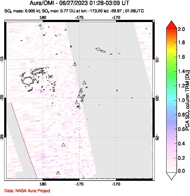A sulfur dioxide image over Tonga, South Pacific on Jun 27, 2023.
