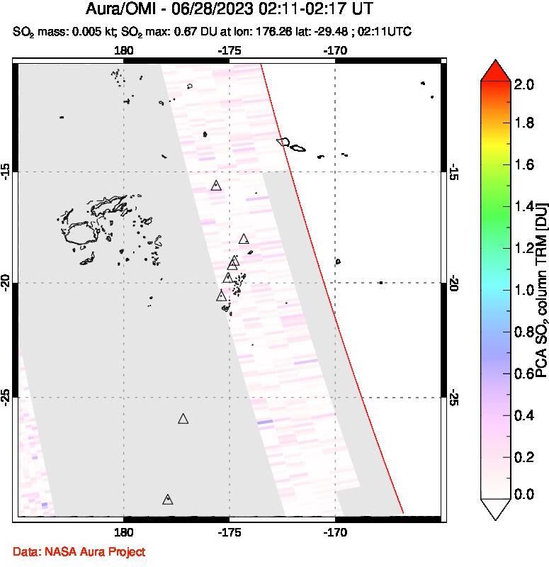 A sulfur dioxide image over Tonga, South Pacific on Jun 28, 2023.