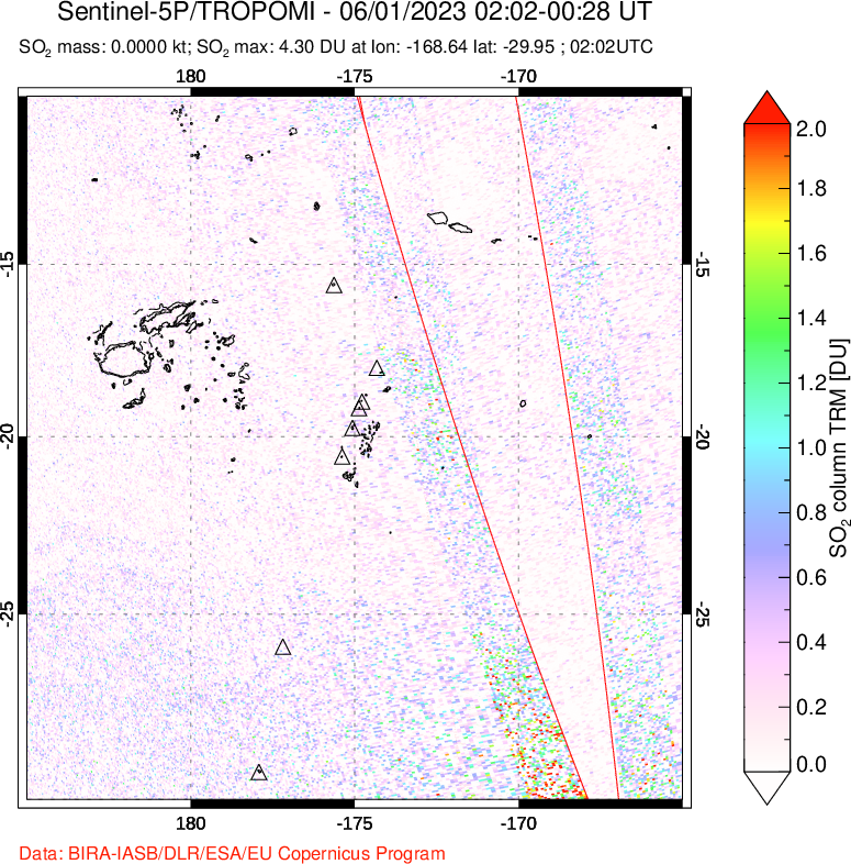 A sulfur dioxide image over Tonga, South Pacific on Jun 01, 2023.