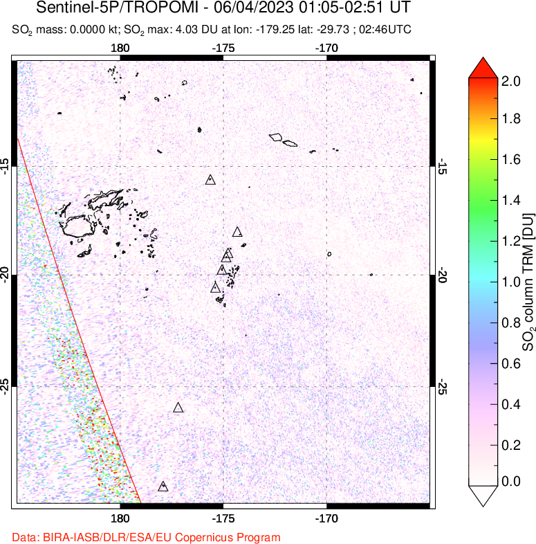 A sulfur dioxide image over Tonga, South Pacific on Jun 04, 2023.