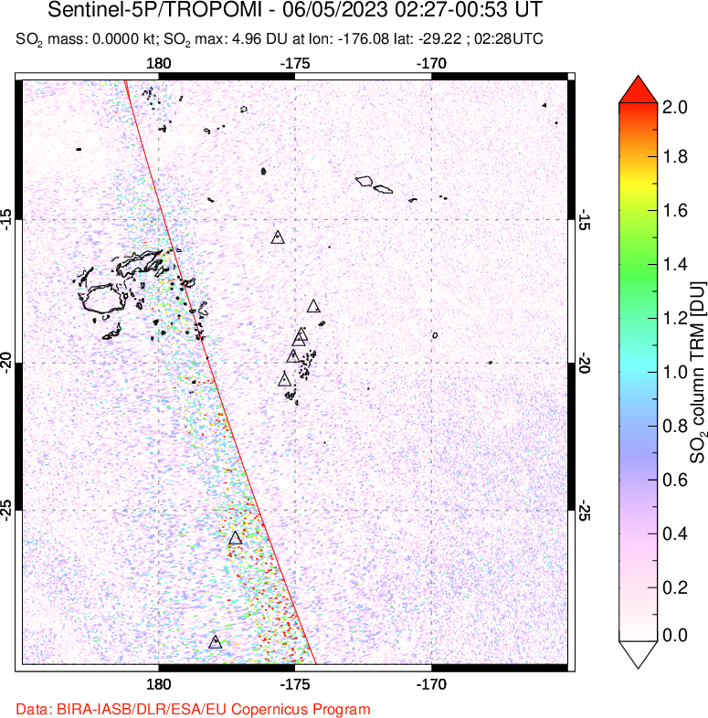 A sulfur dioxide image over Tonga, South Pacific on Jun 05, 2023.
