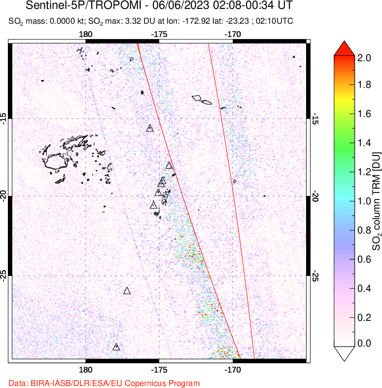 A sulfur dioxide image over Tonga, South Pacific on Jun 06, 2023.