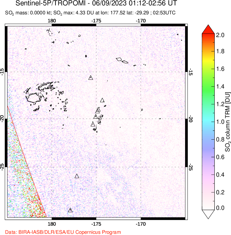 A sulfur dioxide image over Tonga, South Pacific on Jun 09, 2023.