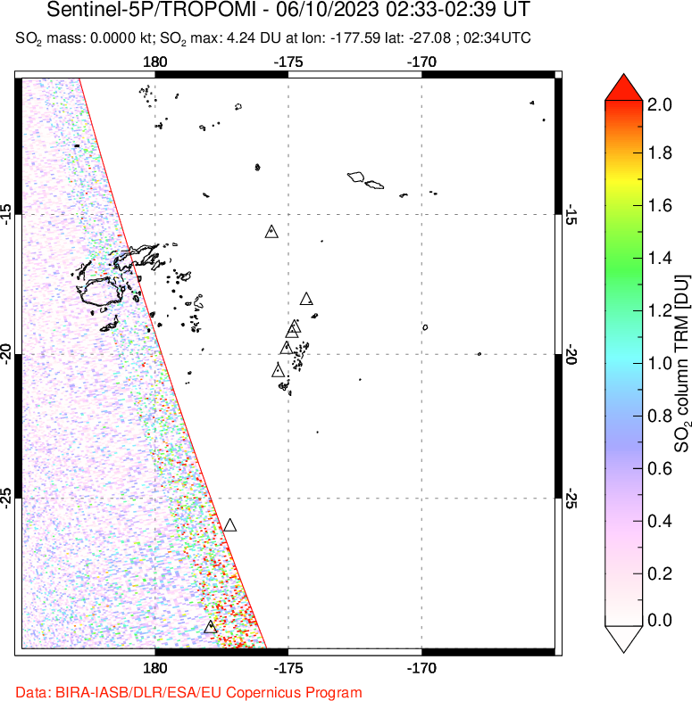 A sulfur dioxide image over Tonga, South Pacific on Jun 10, 2023.