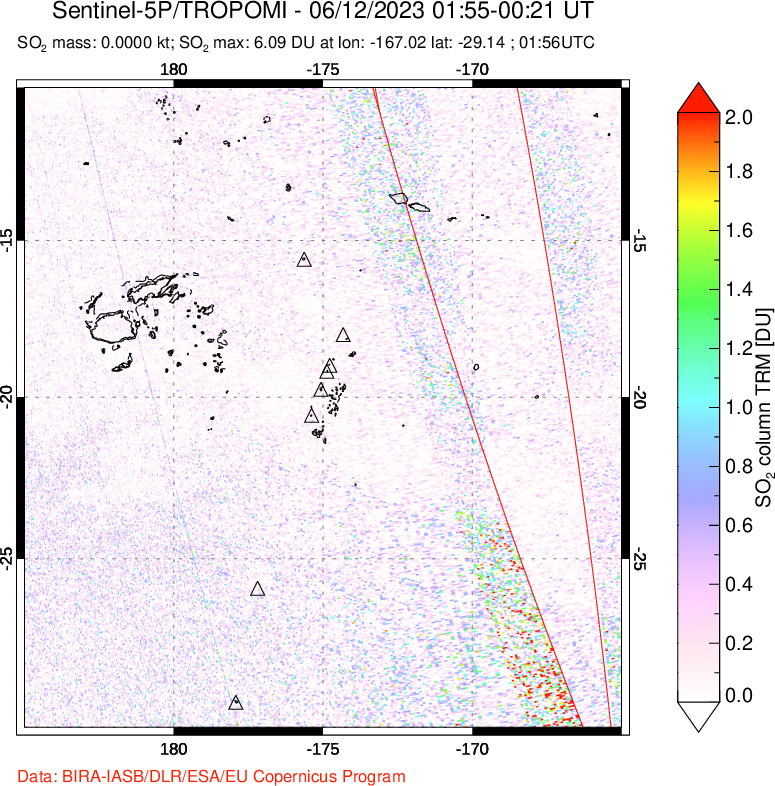 A sulfur dioxide image over Tonga, South Pacific on Jun 12, 2023.