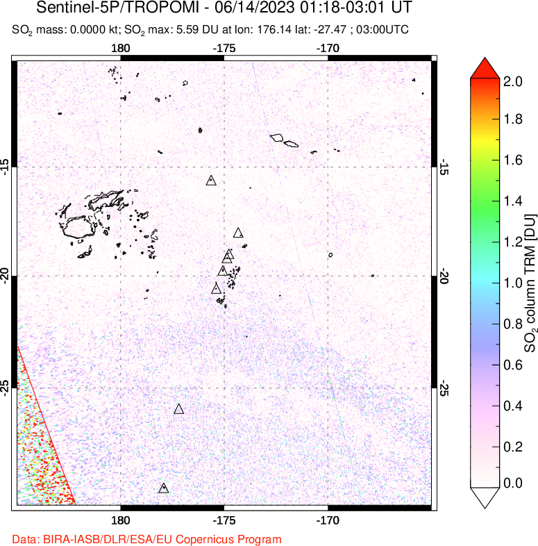A sulfur dioxide image over Tonga, South Pacific on Jun 14, 2023.