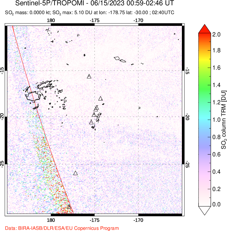 A sulfur dioxide image over Tonga, South Pacific on Jun 15, 2023.
