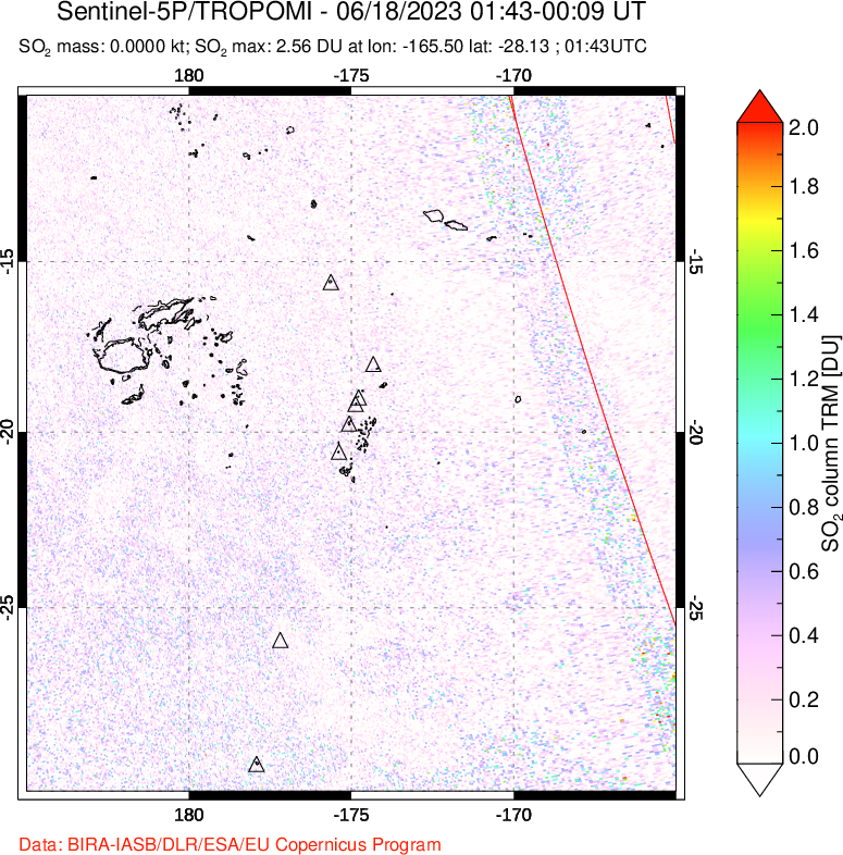 A sulfur dioxide image over Tonga, South Pacific on Jun 18, 2023.