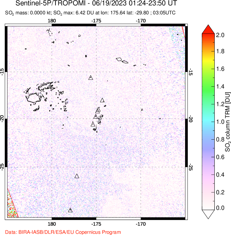 A sulfur dioxide image over Tonga, South Pacific on Jun 19, 2023.