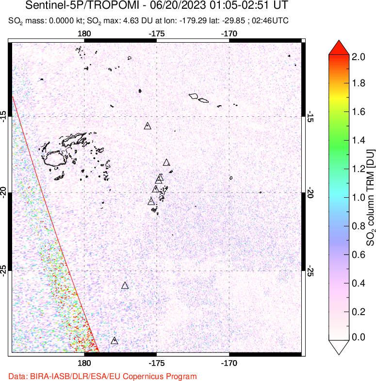 A sulfur dioxide image over Tonga, South Pacific on Jun 20, 2023.